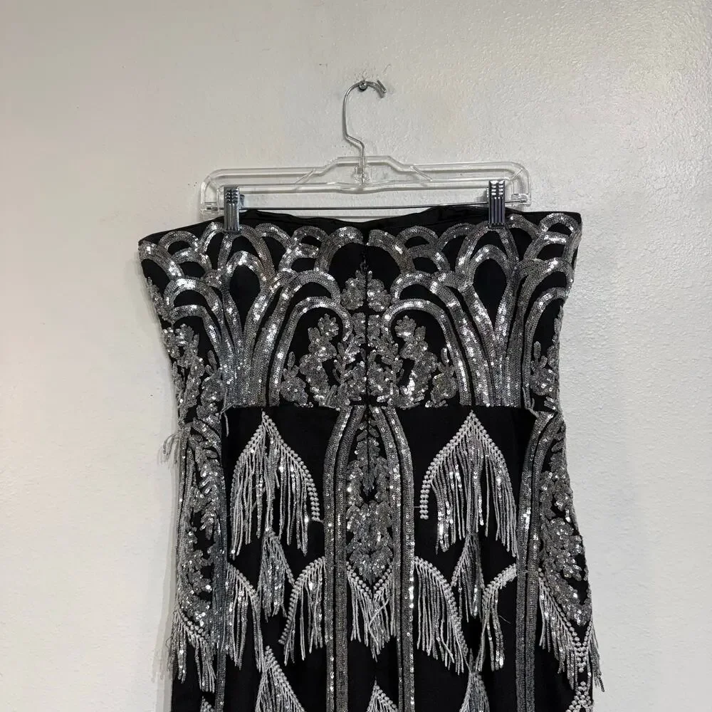 Dress the Population Black Viviana Sequin Fringe Strapless Midi Dress Sz XXL - Picture 8 of 13